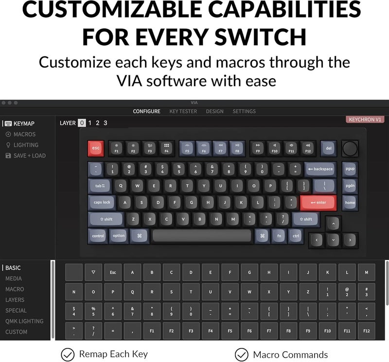 Keychron V1 75% Wired Mechanical Keyboard, QMK/VIA Programmable, Hot-swappable Red Switches, Compatible with Mac Windows Linux - Carbon Black - Image 2